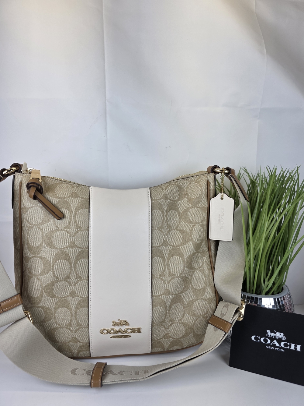 Coach Ellie File Beige Signature Stripe Hobo Messenger Shoulder Crossbody Bag